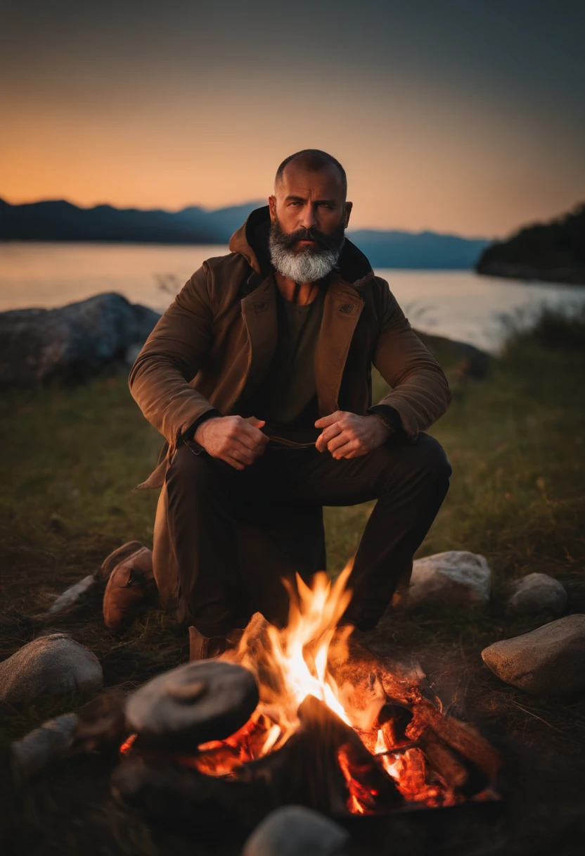 man in his 40s、beard、Handsome guy、8 heads and bodies、Outdoor Fashion、camp、A bonfire is lit in front of the tent.、detailed background、Beautiful lighting、camp道具を脇にそえる、