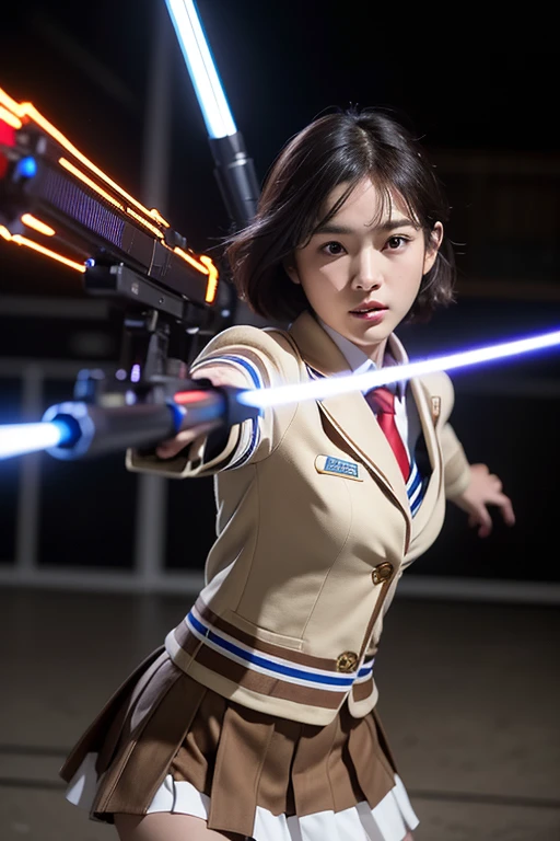 top quality, masterpiece, extremely detailed CG unity 16K wallpaper, ultra-high resolution, high definition, (perfect body, correct anatomy:1.5), (from front view:1.4), (dynamic:1.1), professional photo, raw photo, photorealistic, cinematic lighting, sharp focus, depth of field, 1 girl, ((Japanese , 15 y)), ((super heroine, mecha-musume:1.3)), cowboy shot, solo, looking at viewer, intricately detailed face, hyper-realistic skin texture, black hair, very short hair, glossy hair, highly detailed skin, highly detailed eyes, (dark eyes, narrow eyes:1.3), ultra-realistic nose and lips, (slim and round outline of the face:1.4), expressive face, (anger:1.1), (fighting enemy:1.5), ((Japanese high school uniform, brown blazer:1.3)), ((white collared shirt, blue ribbon tie:1.1)), ((brown pleated skirt:1.3)), ((weaponized body:1.5)), slender, medium breast, (perfect body proportion:1.4), mechanical powered suit, ((equipped with a large blaster rifle, shooting the blaster rifle:1.5)), ((during a combat against mercenaries of evil organization:1.4)), daytime, noon, middle of the forest, autumn,