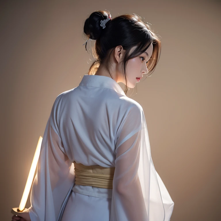 (original photo:1.2), (lifelike), Beautiful and delicate girl, 白色衣服Very detailed eyes and face, beautiful and delicate eyes, File size is large, high resolution, Very detailed, best quality, [on the table:1.6], illustration, Very detailed, Exquisite details, best quality, 8k wallpaper, Light,15-year-old female student, Female swordsman, ponytail dark hair, Open chest white kimono, &#39;s chest is open，White is clearly visible.,  Legendary Sword, See-through kimono, serious facial expression, Slim, young face, ，The character&#39;s back is facing the camera with his big butt