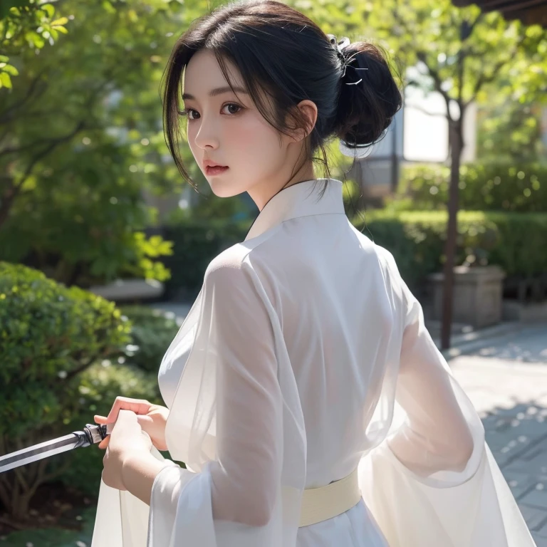 (original photo:1.2), (lifelike), Beautiful and delicate girl, 白色衣服Very detailed eyes and face, beautiful and delicate eyes, File size is large, high resolution, Very detailed, best quality, [on the table:1.6], illustration, Very detailed, Exquisite details, best quality, 8k wallpaper, Light,15-year-old female student, Female swordsman, ponytail dark hair, Open chest white kimono, &#39;s chest is open，White is clearly visible.,  Legendary Sword, See-through kimono, serious facial expression, Slim, young face, ，The character&#39;s back is facing the camera with his big butt
