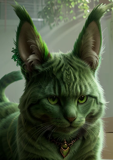 beautiful green cat, fantasy style, horns on the cat's head, many details, HYPER DETAILED