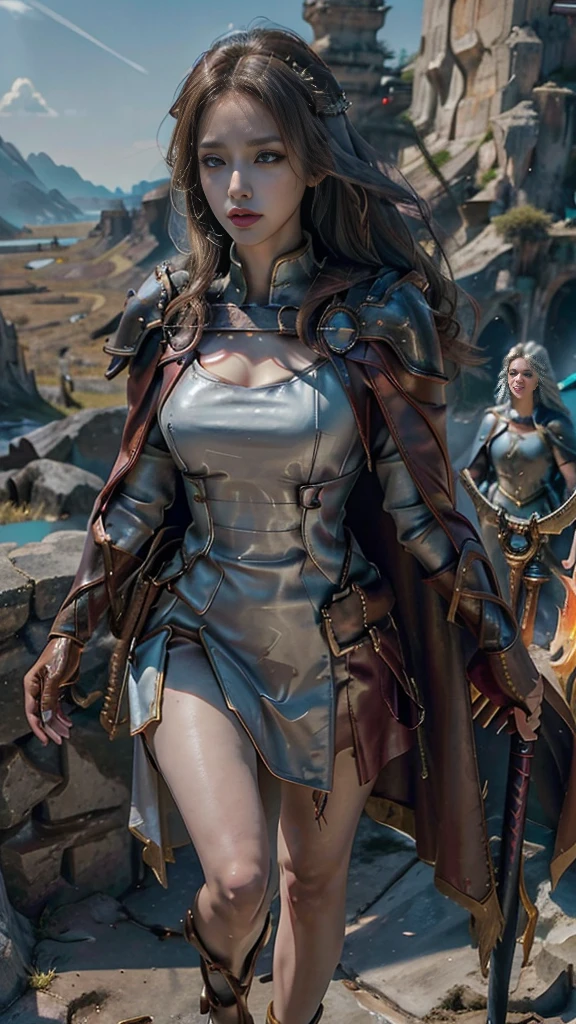 Woman in red silver dress, ((run)), Escape the monsters, Immersive art station, ศิลปะFantasyที่มีรายละเอียด, Amazing character art, Excellent and neat character art, beautiful armor, very detailed, red armor girl, Exquisite headdresses and ornaments, (best quality, 10, Masterpiece :1.3), (realistic, ภาพrealistic: 1.37), (1 girl), (Beautiful women between the ages of 18-20), (thin), (Focus on the slender abdomen.. :1.3), (Korea), (Pastel colored leather dress, Long red leather cloak, Long red leather cloak, Show your arms and shoulders., white leather skirt, short leather skirt, Emphasize her legs., High groove,), (รองเท้าHeel Height), (Random pose), Huge breasts, exposed cleavage, ((dark brown hair, long hair)), exquisite face, Open the show, Fantasy, Slender figure, Very smooth face, Good eyes, Double eyelids, (long hair, Random hairstyles), (big girl :1.3), (outdoor), (Extraordinarily detailed face), (Detailed eyes), (Double eyelids), (Eyeshadow makes eyelashes look thicker.......), obscure, (Long legs, Heel Height), (((Whole body))), (professional lighting), (Photon mapping), (Radiation), red armor girl, silver armor girl, ((Big Sword)), (Look directly at the audience.....), cliff scene, mountain, cave mouth, stone, Dungeon