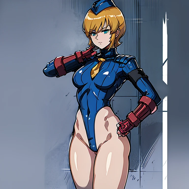 ultra-detailed, Explicit, Beautiful body, Beautiful Nose, Beautiful character design, perfect eyes, perfect face, ultra highres, 4K, beautiful legs, perfect legs, Nice hands, Perfect hand, Masterpiece, Best Quality, Highly detailed, illustration, absurdres, perfect anatomy, street fighter, doll suit, shadaloo doll, dollsuit, girls, multiple girls, expressionless, blank eyes, looking at viewer, red gloves, emotionless, black latex, corrution, mind control, female combatant, full body, hypnotized, unhappy trance, full body suit, ribbed bodysuit, both arms at side, obey, perfect female body, extremely glossy latex, hypnosis, hypnoLora, empty eyes, Mind control device, poses, submissive_pose, Slave, hat, necktie, stand up straight, standing, standing at attention, hat, necktie, belt, latex, ribbed bodysuit, thighhighs, garter belt, Fighting Stance, extending the right arm from the shoulder into the air with a straightened hand, nazi saluting, military, military saluting, salute, thigh boots, 1girl, Solo, GUNDAM, Audrey Burne, green eyes, blonde hair, short hair