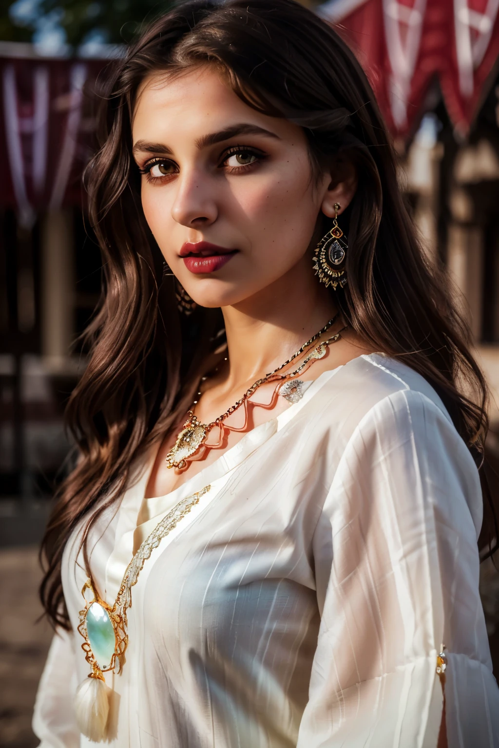 Wavy brown hair, (RAW photo, realism: 1.8), (very dark lip gloss, jet black lipstick, many eyelashes, dark black eye shadow, shy, blushing, high quality, high resolution, depth of field, chromatic aberration, caustic, wide light, natural colors, 30 year old woman), necklaces, chokers, earrings, bracelets, wear many accessories, wearing traditional Pakistani clothes, white color dress, and white hijab, soft skin, white skin, slim nose, beautiful eyes, The Casual Hip Stance poses, 8k results, high resolution, realistic,full body portrait , standing in front of taj mahal, 