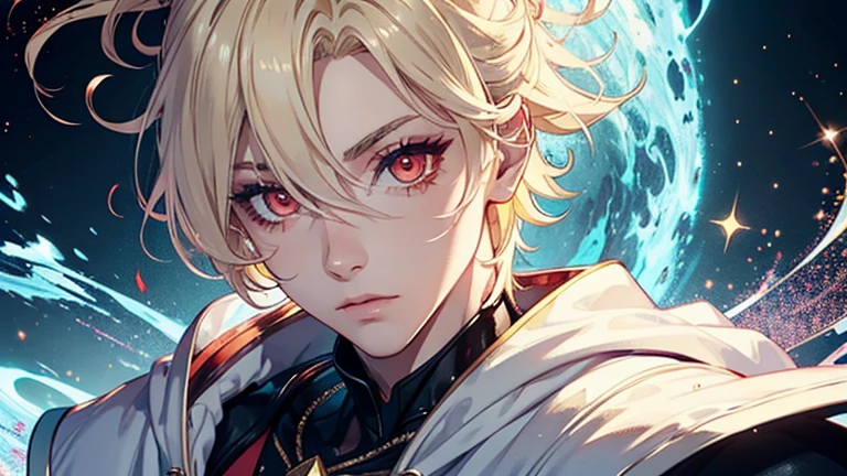 1 male,blonde,red eyes,Glitter,lower eyelashes,white turtle,upper part of the body,Only the eyes glow
