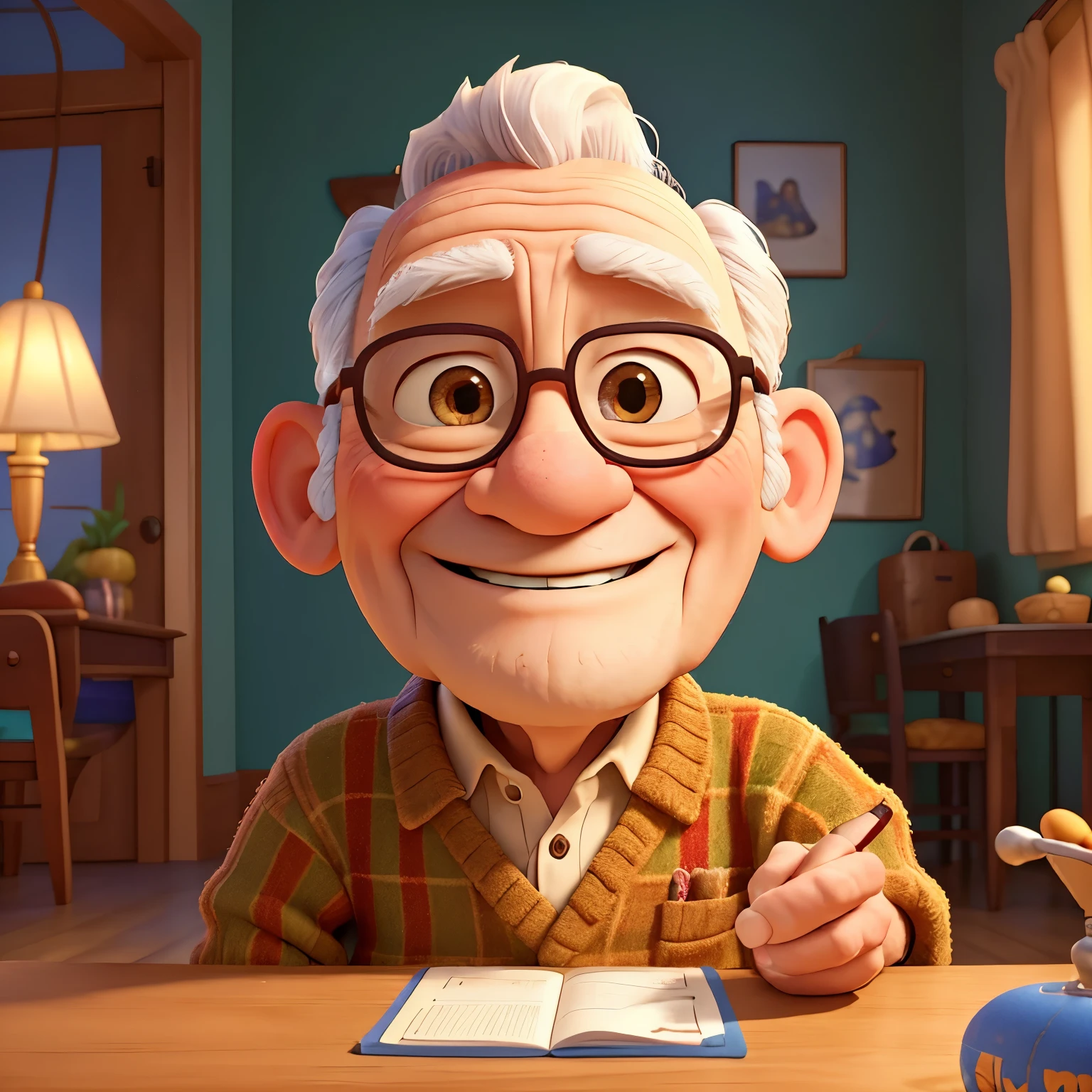 A happy one, Lovely old man living alone at home, Eat good food、Draw、Watch TV、Look at your phone. He spends his days in Disney-Pixar-style illustrations. (Best quality, 4K, A high resolution, Masterpiece:1.2), Ultra-detailed, Realistic:1.37, Vibrant colors, Playful lighting, Detailed facial features, joyful expressions, Comfortable interior, Disney Pixar animation style, Heartwarming, detailed outfits, Welcoming environment, Friendly atmosphere, A kind-hearted old man, Colorful background, Warm and pleasant, tranquil ambiance, Pixar-esque character design, whimsical details, Seductive composition.