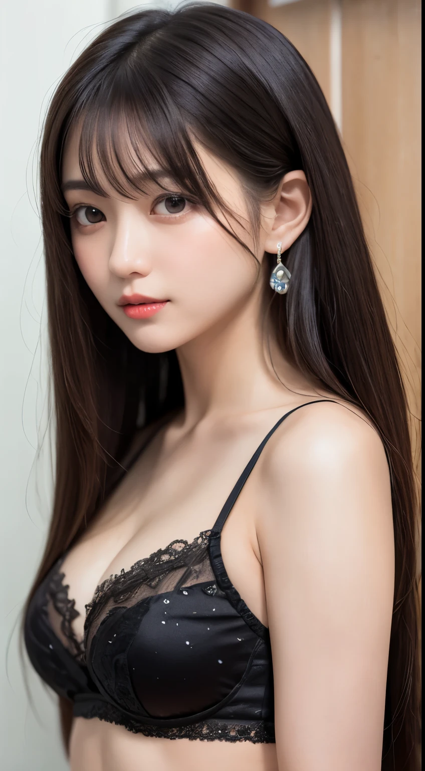 smile、(Sheer white skin)、Raw photo、(((ultimate beauty portrait)))、((glowing skin))、((rich bust))、Japanese、２5 years old、((white blouse))、bright red lips、shining lips、black sheer lace underwear、bright look、((brown hair))、(cleavage)、flare skirt、((Big eyes that shine like jewels))、(((open your clothes)))、pantyhose、Glossy and glossy skin、((Long straight hair))、(silky hair)、(standing)、From the side、eyeliner、beautiful bangs、hair between eyes、((masterpiece、最high quality、super detailed、film light、intricate details、High resolution、very detailed))、detailed background、8KUHD、Digital single-lens reflex camera、soft light、high quality、film grain、Fujifilm XT3 、shallow depth of field、natural soft light、