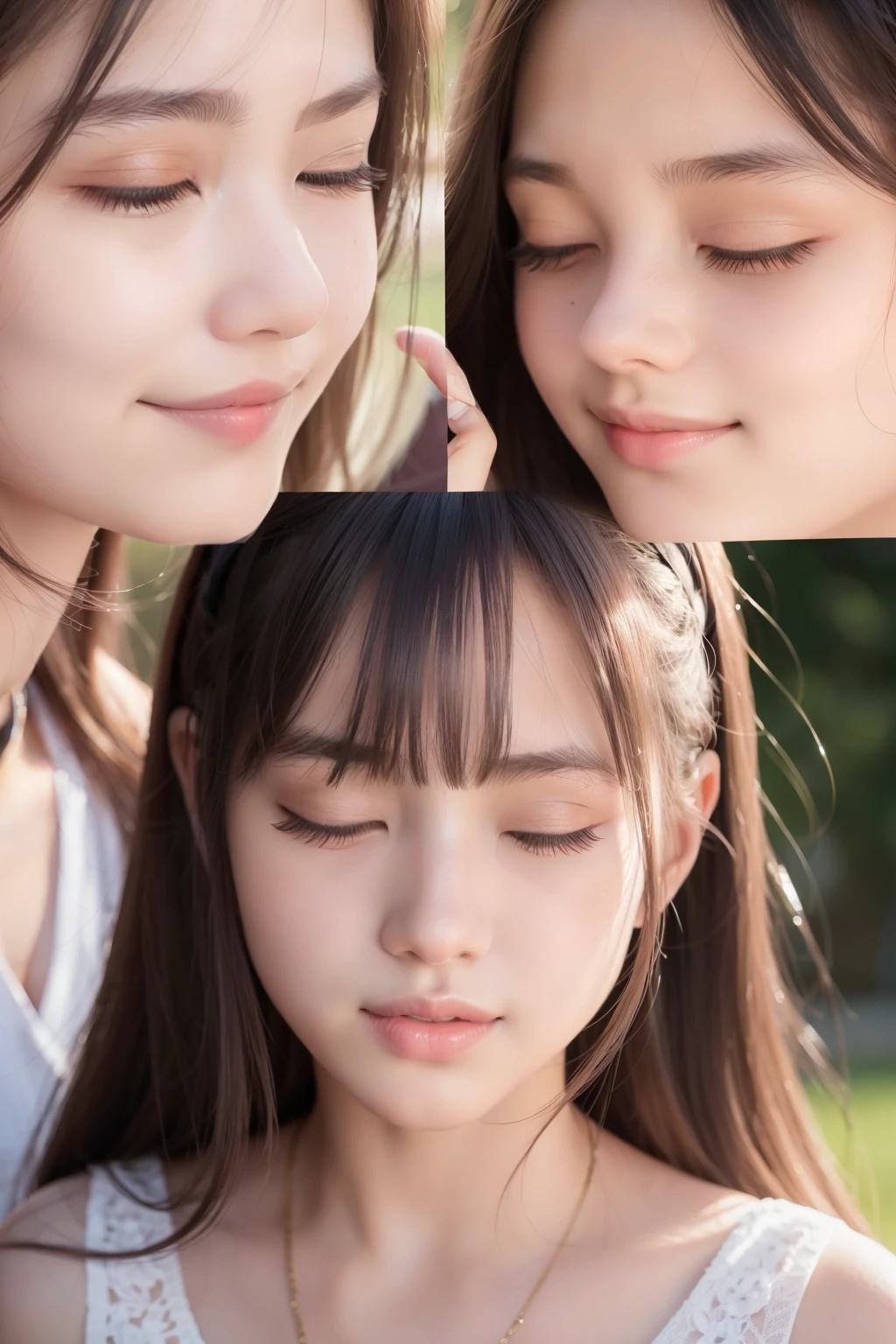(3 girls, facial expressions: s2), (8K, RAW photo, best quality, masterpiece: 1.2), (realistic, photorealistic: 1.37),
Three enchanting girls, captivating the attention with their unique facial expressions,
(1. Each girl: 1.5), (Close up: 1.1),
First girl: (Eyes closed, dreaming), her long eyelashes casting shadows on her flawless cheeks, her pink lips parted slightly as if whispering a secret.
Second girl: (Grinning widely), her bright smile illuminating her face, her dimples adding a playful charm