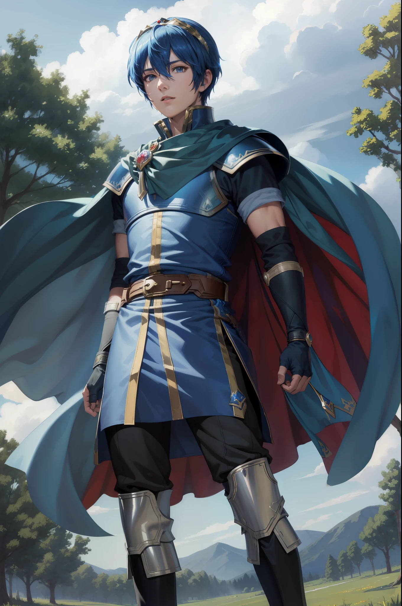 masterpiece, best quality, marth, tiara, cape, armor, blue tunic, fingerless gloves, belt, boots, field, trees, clouds, looking at viewer, standing, 