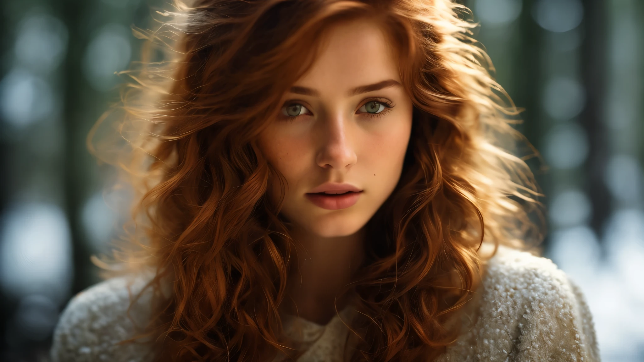 close up of a european woman, ginger hair, winter forest, natural skin texture, 24mm, 4k textures, soft cinematic light, RAW photo, photorealism, photorealistic, intricate, elegant, highly detailed, sharp focus, ((((cinematic look)))), soothing tones, insane details, intricate details, hyperdetailed, low contrast, soft cinematic light, dim colors, exposure blend, hdr, faded