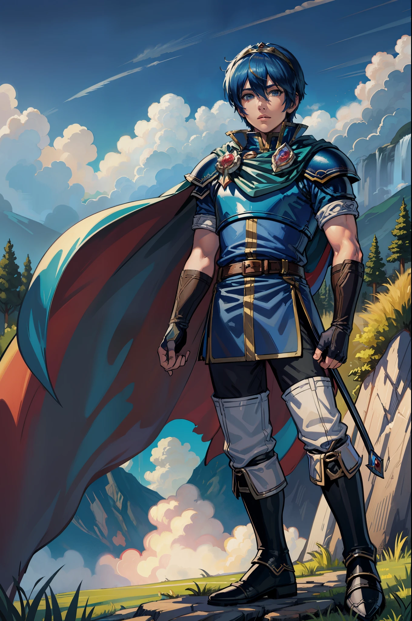 masterpiece, best quality, marth, tiara, cape, armor, blue tunic, fingerless gloves, belt, boots, field, trees, clouds, looking at viewer, standing, 