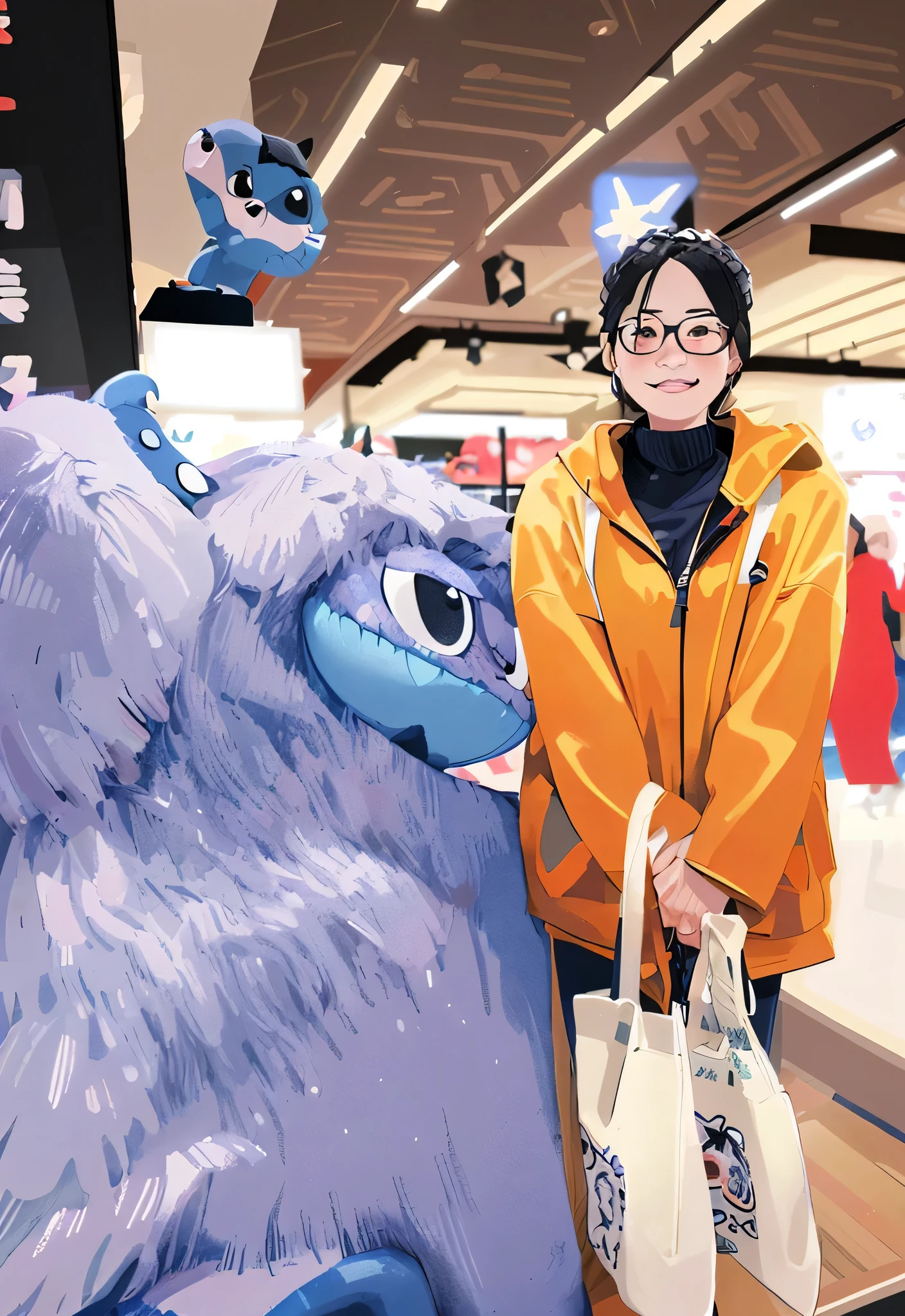 there is a woman standing next to a blue monster stuffed animal, taken with canon 8 0 d, taken with sony alpha 9, appearing in a shopping mall, at a mall, in a mall, taken with canon eos 5 d mark iv, furry friendly monster, louise zhang, gemma chen,