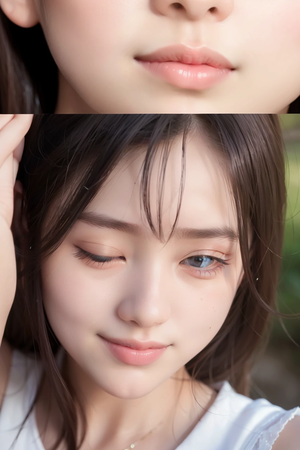 (3 girls, facial expressions: s2), (8K, RAW photo, best quality, masterpiece: 1.2), (realistic, photorealistic: 1.37),
Three enchanting girls, captivating the attention with their unique facial expressions,
(1. Each girl: 1.5), (Close up: 1.1),
First girl: (Eyes closed, dreaming), her long eyelashes casting shadows on her flawless cheeks, her pink lips parted slightly as if whispering a secret.
Second girl: (Grinning widely), her bright smile illuminating her face, her dimples adding a playful charm