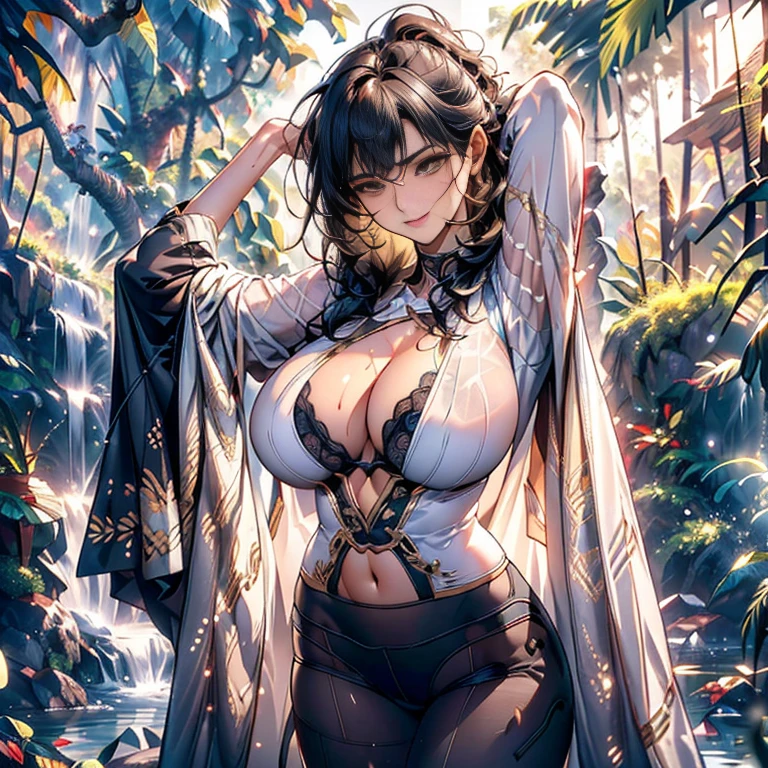 best quality, ultra detailed, high detailed, messy hair, golden eyes, , (big breasts:1.6), bangs, (looking at camera), natural light, rim light, standing in the deep jungle, deep jungles behind, trees, wet, arms up, smile, pureerosface_v1, (lags spread), (perfect anatomy)