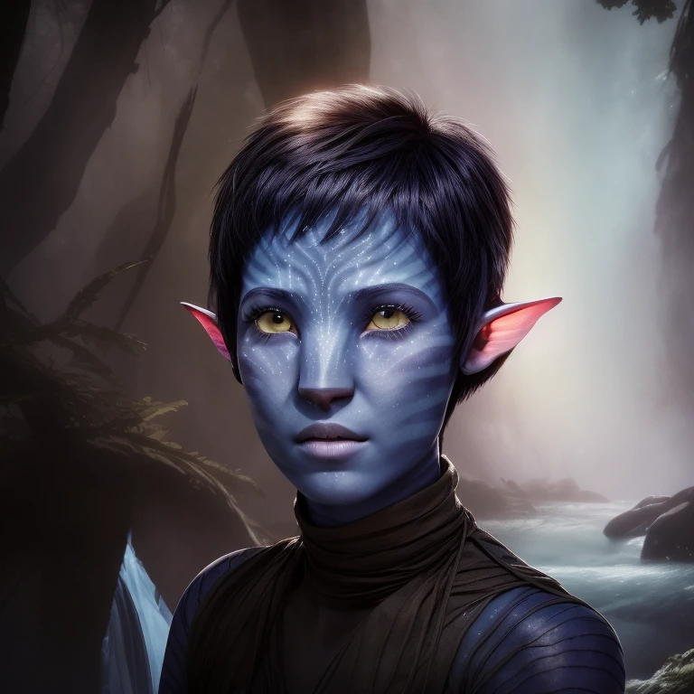 avatar style, portrait:1.6, 1girl, female, (blue skin tone:1.0), (short hair:1.0), one pair of pointy ears:1, pixie cut hairstyle, black hair color, 18 years old:1, face wrinkles, wearing tribal clothing, wearing a top:1, detailed eyes, toned body, glowing, ethereal atmosphere, dreamy lighting, otherworldly beauty, (best quality, highres), ultrarealistic, skin details, striped skin, sfw, ultradetailed body, simple background:1, avtr:1