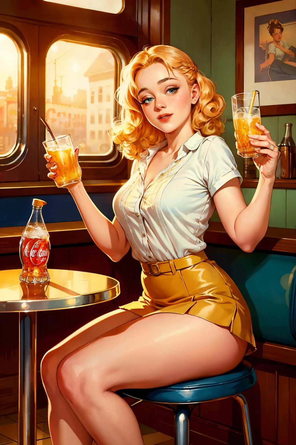 In this vintage-inspired scene, an enchanting image of Dakota Fanning emerges, captured in a moment of playful relaxation. Wearing a tantalizingly short mini-skirt and her hair styled in loose curls, she sits at a retro diner table. With a sultry expression, she takes a long sip from a classic glass bottle of Coke, its golden liquid reflecting the warm glow of the nearby pin-up art adorning the walls. The artistry of the scene is magnified in 4k UHD, every detail crisp and vibrant. The air is filled with the delightful, nostalgic smell of old-fashioned soda, and a soft