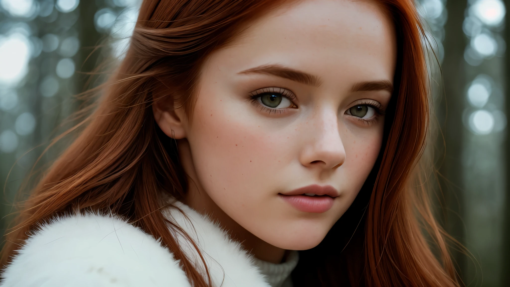 close up of a european woman, ginger hair, winter forest, natural skin texture, 24mm, 4k textures, soft cinematic light, RAW photo, photorealism, photorealistic, intricate, elegant, highly detailed, sharp focus, ((((cinematic look)))), soothing tones, insane details, intricate details, hyperdetailed, low contrast, soft cinematic light, dim colors, exposure blend, hdr, faded