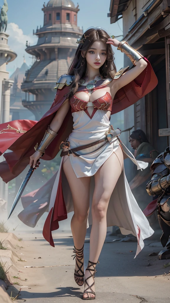 Woman in red silver dress, ((run)), Escape the monsters, Immersive art station, ศิลปะFantasyที่มีรายละเอียด, Amazing character art, Excellent and neat character art, beautiful armor, very detailed, red armor girl, Exquisite headdresses and ornaments, (best quality, 10, Masterpiece :1.3), (realistic, ภาพrealistic: 1.37), (1 girl), (Beautiful women between the ages of 18-20), (thin), (Focus on the slender abdomen.. :1.3), (Korea), (Pastel colored leather dress, Long red leather cloak, Long red leather cloak, Show your arms and shoulders., white leather skirt, short leather skirt, Emphasize her legs., High groove,), (รองเท้าHeel Height), (Random pose), Huge breasts, exposed cleavage, ((dark brown hair, long hair)), exquisite face, Open the show, Fantasy, Slender figure, Very smooth face, Good eyes, Double eyelids, (long hair, Random hairstyles), (big girl :1.3), (outdoor), (Extraordinarily detailed face), (Detailed eyes), (Double eyelids), (Eyeshadow makes eyelashes look thicker.......), obscure, (Long legs, Heel Height), (((Whole body))), (professional lighting), (Photon mapping), (Radiation), red armor girl, silver armor girl, ((Big Sword)), (Look directly at the audience.....), cliff scene, mountain, cave mouth, stone, Dungeon