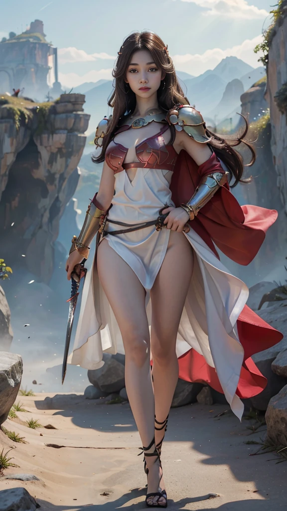 Woman in red silver dress, ((run)), Escape the monsters, Immersive art station, ศิลปะFantasyที่มีรายละเอียด, Amazing character art, Excellent and neat character art, beautiful armor, very detailed, red armor girl, Exquisite headdresses and ornaments, (best quality, 10, Masterpiece :1.3), (realistic, ภาพrealistic: 1.37), (1 girl), (Beautiful women between the ages of 18-20), (thin), (Focus on the slender abdomen.. :1.3), (Korea), (Pastel colored leather dress, Long red leather cloak, Long red leather cloak, Show your arms and shoulders., white leather skirt, short leather skirt, Emphasize her legs., High groove,), (รองเท้าHeel Height), (Random pose), Huge breasts, exposed cleavage, ((dark brown hair, long hair)), exquisite face, Open the show, Fantasy, Slender figure, Very smooth face, Good eyes, Double eyelids, (long hair, Random hairstyles), (big girl :1.3), (outdoor), (Extraordinarily detailed face), (Detailed eyes), (Double eyelids), (Eyeshadow makes eyelashes look thicker.......), obscure, (Long legs, Heel Height), (((Whole body))), (professional lighting), (Photon mapping), (Radiation), red armor girl, silver armor girl, ((Big Sword)), (Look directly at the audience.....), cliff scene, mountain, cave mouth, stone, Dungeon