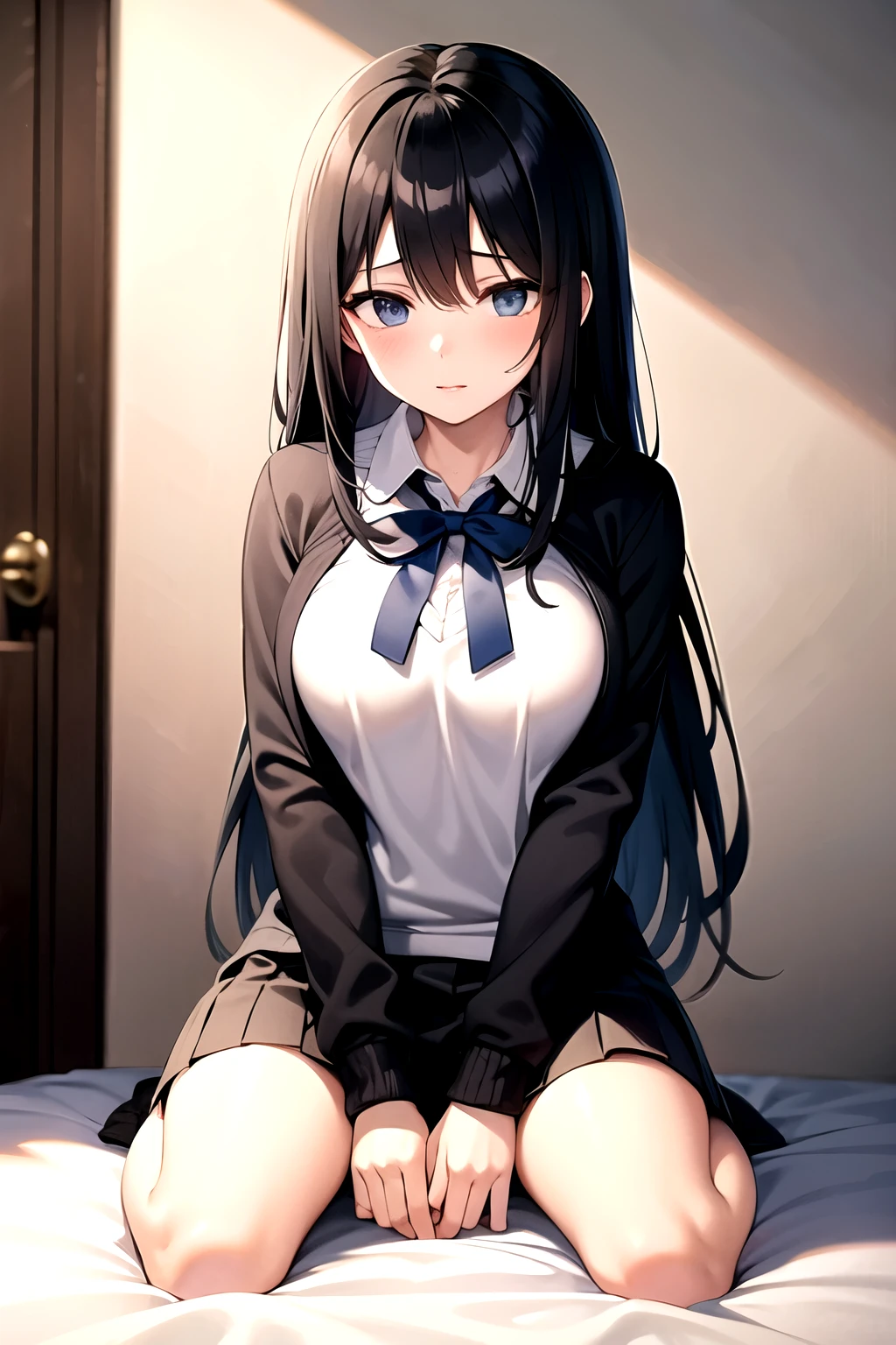best quality, masterpiece, school uniform, white shirt, socks, sitting on bed, cute, ponytail, black hair, blue eyes,