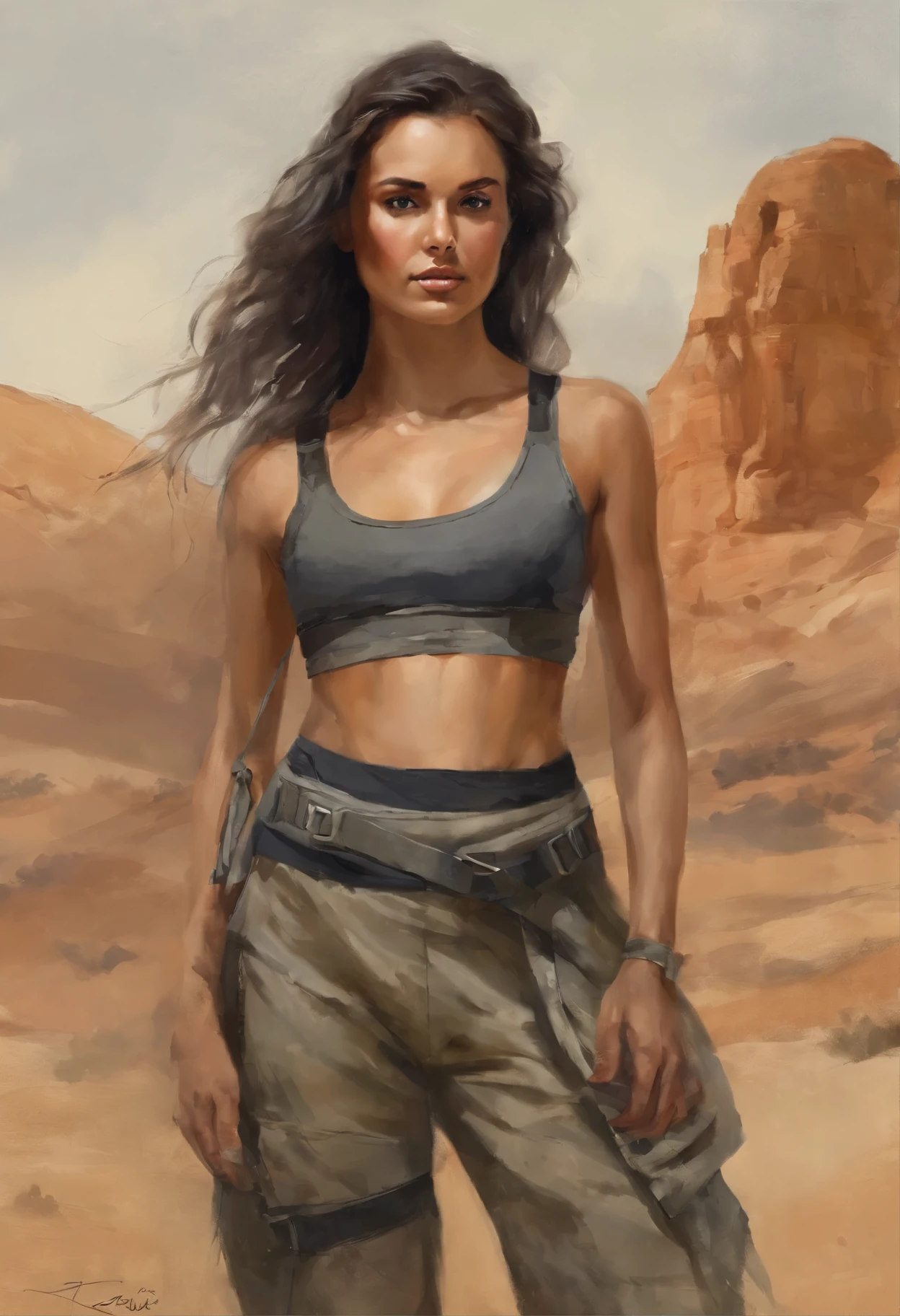 girl in desert with action sport clothes, functional clothes, her clothes are equipped with hanging straps, ?????? cleavage showing, straps like for parachuting, face, body portrait, standing, small ????, tiny ???????, ??????? covered, natural body, realistic body, grey bra, orange jacket, full body, hair in braids, body portrait, torso covered with transparent material, stomach covered with transparent dark material, pants with high waist covering belly button, small parachute backpack with hanging straps, parachute belt strapped around stomach, Meishu-Sama, johrei, luz divina, diante de um orisonte lindo, com o sol se pondo, with one hand forward, in connection with the divine, foto retrato, Directed by: Drew Tucker, Directed by: Adam Marczyński, Directed by: Alexandre Kucharsky, Directed by: Gavin Nolan, Surrealismo 8K, Directed by: Jason Felix, Yuri Shwedoff e Tom Bagshaw, arte ilustrativa, Estilo Erik Johansson, ????, ??????