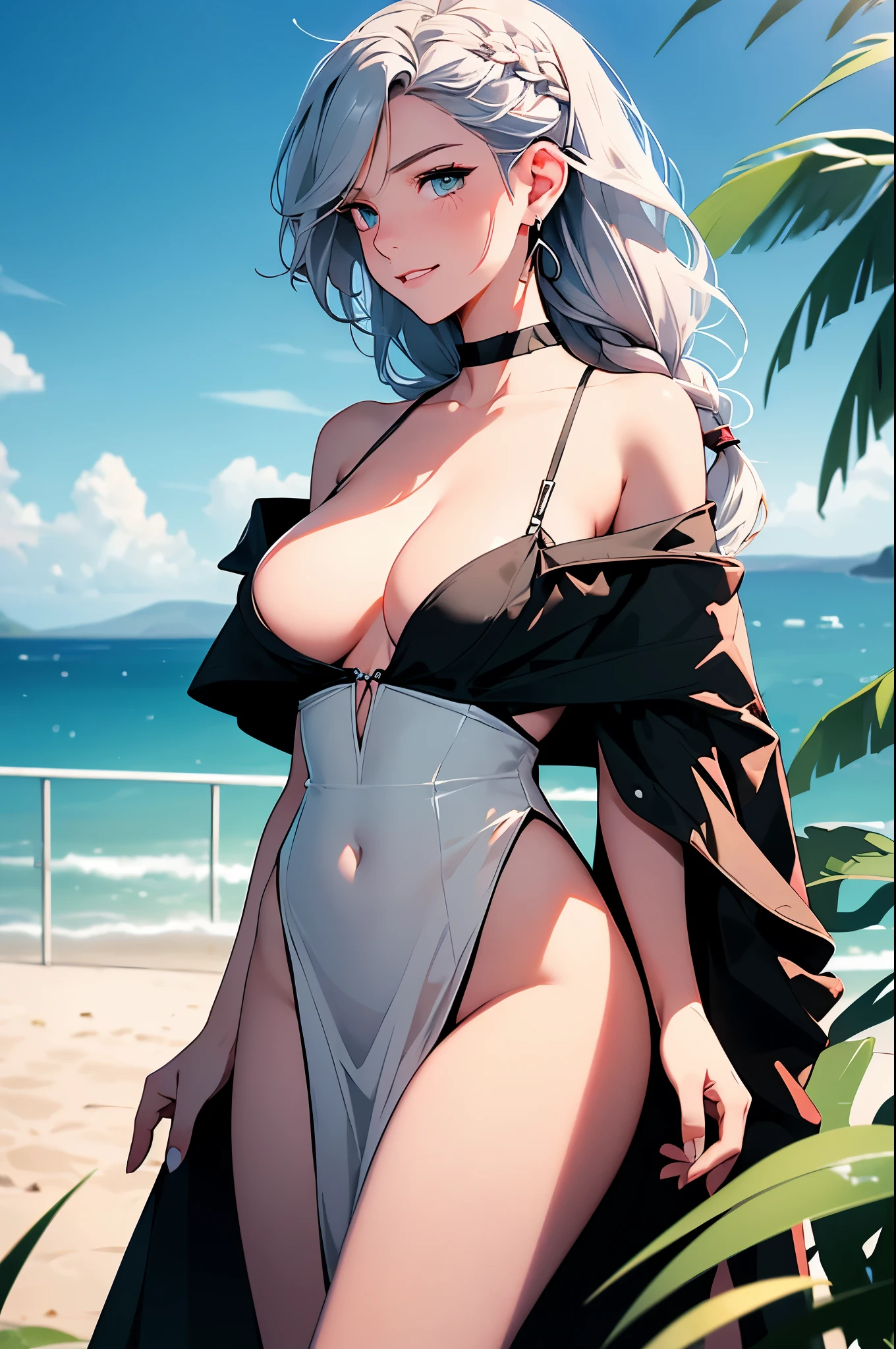 (Masterpiece:1.2, high quality), (pixiv:1.4), (1girl:1.2), (solo:1.2), (smooth:0.8), beautiful woman, (mature), pale white skin, red cheek, blush, (smile:1.2), silver hair, side fringes, bangs, wavy hair, (strand braids), hair clips, hair over eyes, green eyes, (detailed eyes), symmetrical eyes, black eyeshadow, glossy lips, pale pink lips, parted lips, symmetric face, round earrings, (looking away), mole on chin, plunging neckline, pendant, black transparent dress, flowery dress, slit dress, shoulder straps, collarbone, neckline, luxurious, slender arms, (beautiful round breasts:1.2), detailed cleavage, slim waist, professional photography, best quality, (absurdres:1.2), ultra-detailed, ultra HD, 1080, 4k, 8k, intrinsic details, shiny blue sky, aesthetic outdoors, sky background, sea side, bridge, view from below, (pov thighs), wind blowing hair, vivid colors, dynamic lighting, (detailed face), blurry background, highly focused face