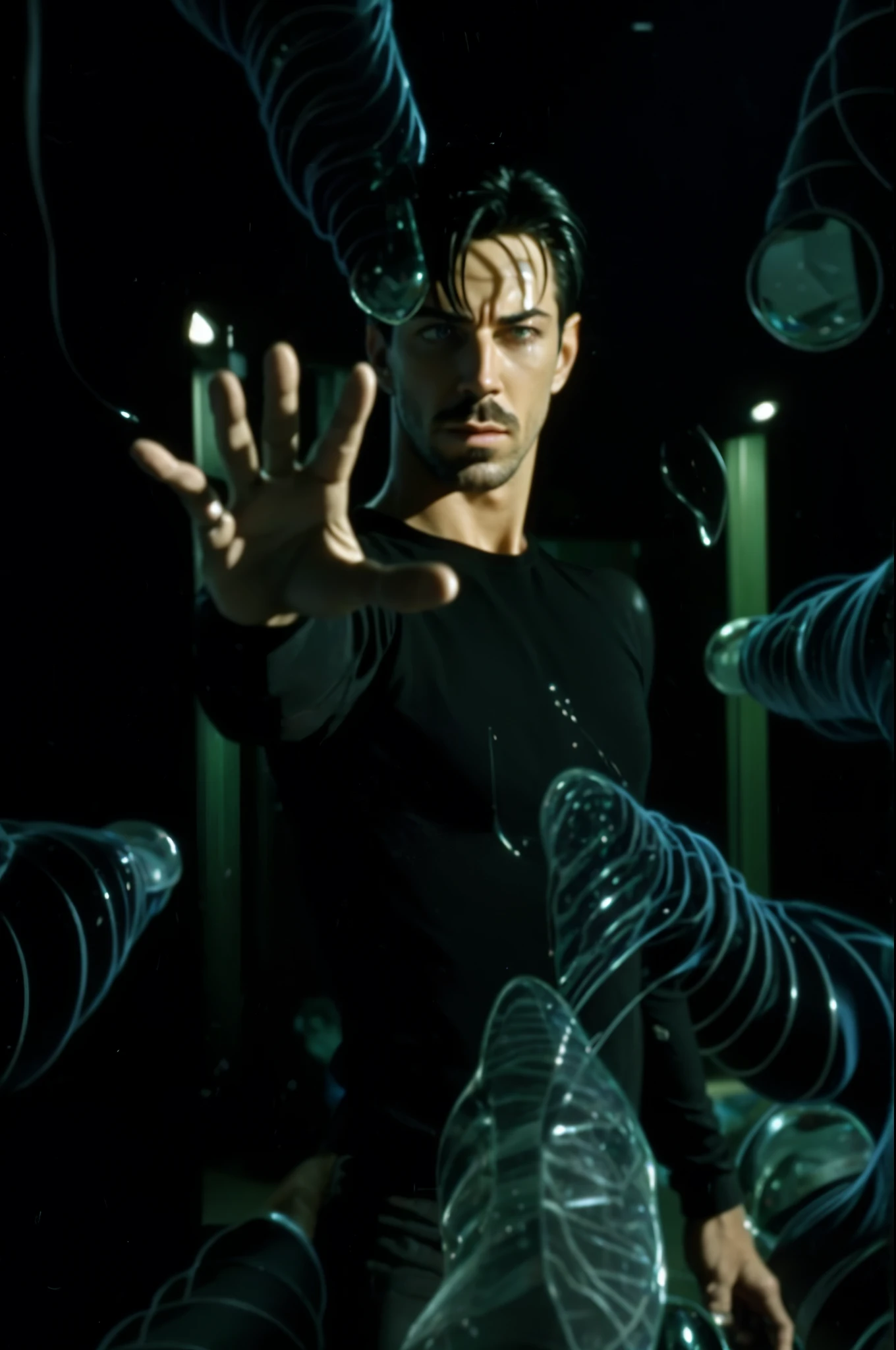 faaris azura in a black shirt is surrounded by many glass pieces, still from the matrix (1999), still from the matrix, faaris azura in movie still from the matrix, faaris azura as neo from the matrix, faaris azura as neo from matrix, faaris azura