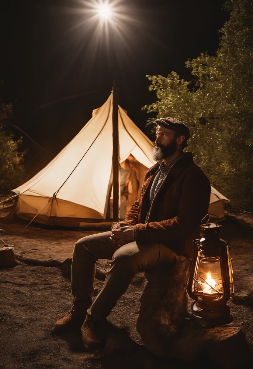highest quality、masterpiece、Super high resolution、(Photoreal:1.4)、RAW photo、man in his 40s、Thin beard、Handsome guy、Cool guy、wild、8 heads and bodies、Outdoor Fashion、camp、A bonfire is lit in front of the tent.、Staring at the bonfire and lost in thought、lantern stand、coleman old lantern、detailed background、Beautiful lighting、camp道具を脇にそえる、