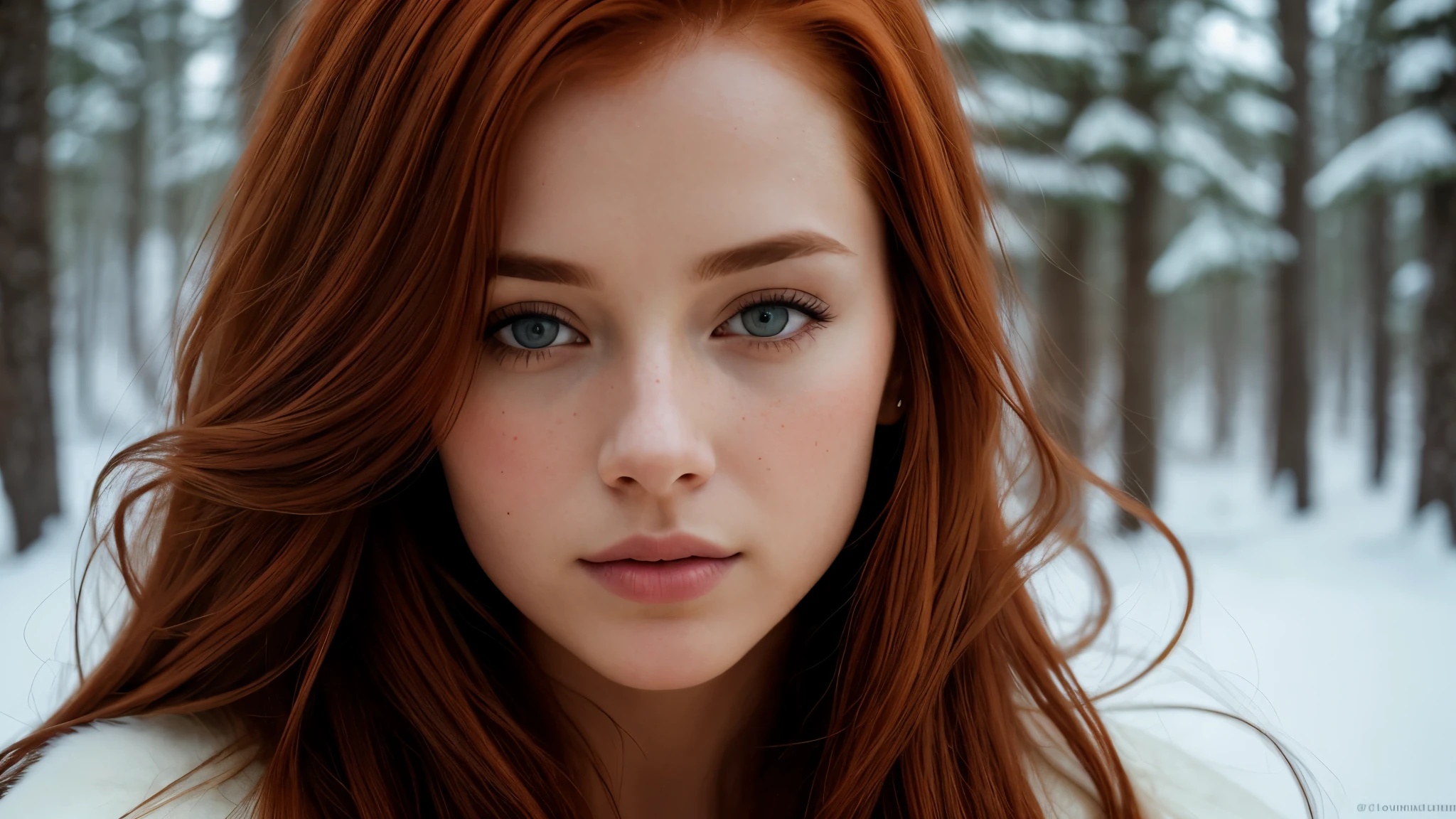 close up of a european woman, ginger hair, winter forest, natural skin texture, 24mm, 4k textures, soft cinematic light, RAW photo, photorealism, photorealistic, intricate, elegant, highly detailed, sharp focus, ((((cinematic look)))), soothing tones, insane details, intricate details, hyperdetailed, low contrast, soft cinematic light, dim colors, exposure blend, hdr, faded