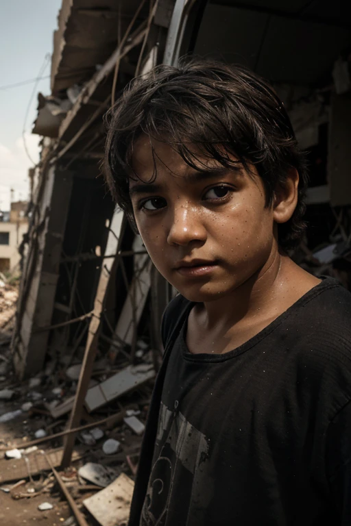 Scene Description:

Immersed in a dark and dramatic setting, exploramos a profundidade emocional de um olhar penetrante. O olho, em sua intensidade, reflects an impactful and tragic moment - a boy holding a white flag, contrastando fortemente com o ambiente circundante.

The Dramatic Eye:

O olho, dominated by a deep and serious look, is surrounded by intense shadows. Dilated pupils suggest a mix of emotions, while the red veins reveal the tension of the moment. Furrowed eyebrows indicate determination in the face of adversity.

Reflection in the Iris:

Inside the iris, the reflection is vivid, capturing the dramatic essence of the scene. Um menino, dressed disheveled and barefoot, segura a bandeira branca em meio a um terreno acidentado e devastado pela guerra.

O Menino e a Bandeira Branca:

The boy displays a serious and tired expression, denunciando a carga emocional do ambiente hostil ao seu redor. A bandeira branca, segurada com firmeza, contrasts with the dark, dusty colors of the setting, symbolizing hope in the midst of destruction.

War-torn scenery:

The city around the boy is in ruins. collapsed buildings, rubble and smoke create a chaotic and desolate landscape. The sky is painted with gloomy tones, indicando um ambiente tenso e opressivo.

Elementos Adicionais:

Luz Focal Acentuada: A beam of light crosses the scene, destacando o rosto do menino e a bandeira, enquanto as sombras se aprofundam no restante da cena.

Detalhes das Vestimentas: The boy&#39;s clothes are worn out, sujas e rasgadas, witnesses of the conflict that devastates the region.

Escombros em Primeiro Plano: Detail of wreckage and debris at the front of the scene provides depth and realism.

Ambiente Sonoro:

The distant sound of explosions, sirenes e o eco de passos hesitantes criam uma trilha sonora sombria que reflete a realidade brutal da guerra.