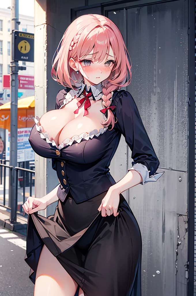 perfect human body，1 woman，Mature and intellectual woman， (Exposed publicly，street)，, french braid, side braid, ,clavicle，((big breasts))，victorian style shirt，translucent，smooth thighs，((woman with fever)),(blush:1.2),(skirt lift)，Absolute realm，fruit_insertion，shy，Fear，fear，cry，tears，