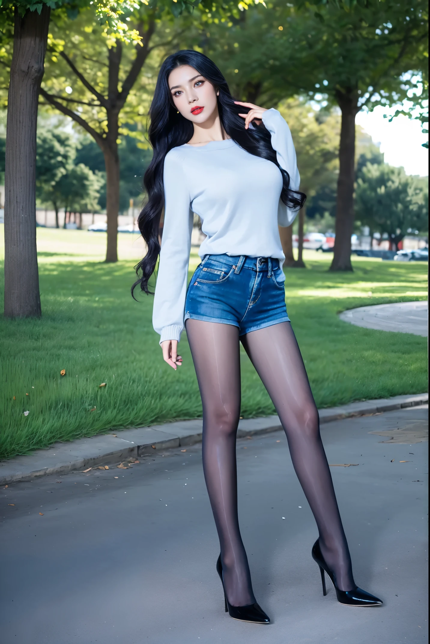 best quality, full body portrait, delicate face, pretty face, -yeld wo, slim figure, big bust, Wearing a long-sleeved sweater，Wear denim shorts，Stiletto high heels，wavy long hair，In the park，big eyes，red lips，Heavy makeup，Black ultra-thin，