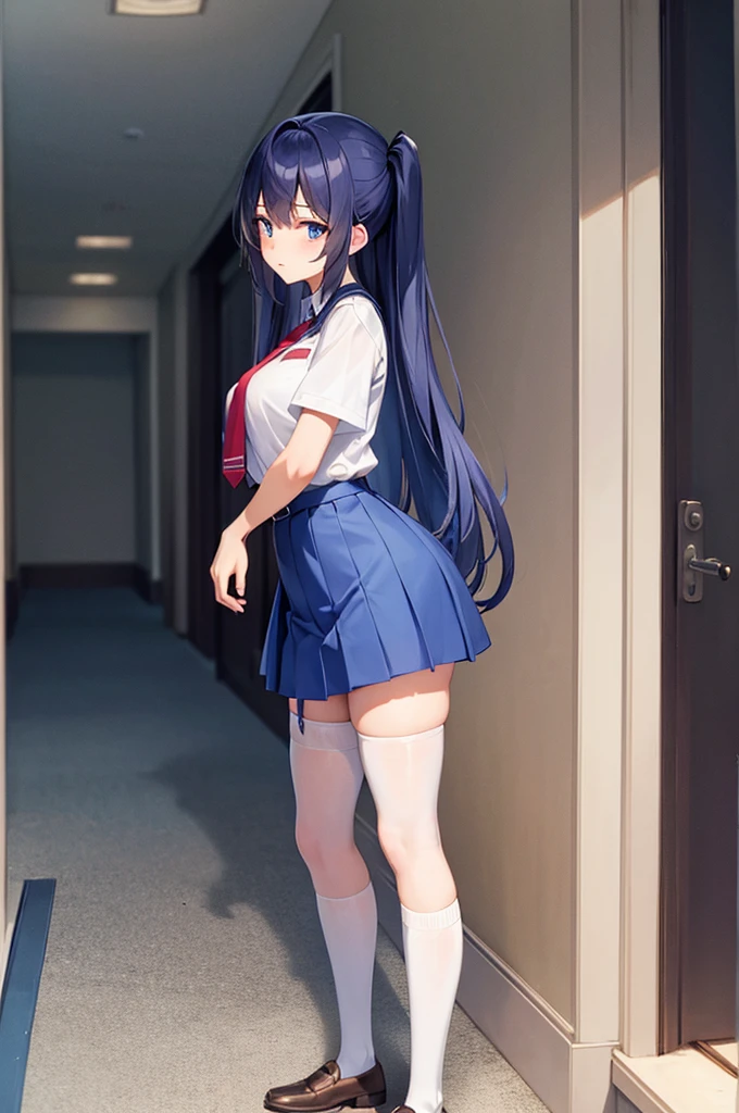 [(masterpiece: 1.1, highest quality: 1.1), Shy high school girl in uniform, emphasize, , Sheer, Somewhat 0.8 Blue hair, Wet, The location is the hallway Red tie White knee-high socks garter belt blue mini skirt