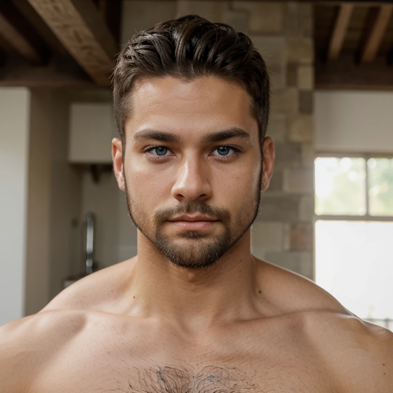 Male, brunette, muscular, blue eyes, light skin, small beard, hunter eyes, Mexican,