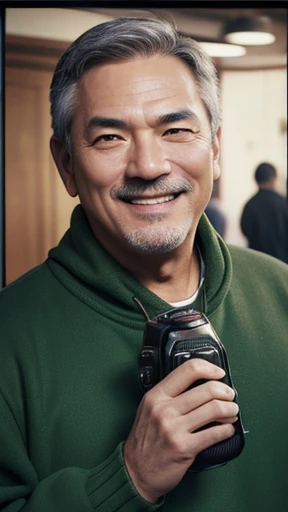 Has a camera、Have a camera、Middle-aged man with camera hanging from his neck、grin、oriental、I wore a sweatshirt、dressed in green、highest quality、masterpiece、ultra high resolution、(Photoreal:1.4)、No background、Upper body、highest quality、masterpiece、ultra high resolution、(Photoreal:1.4)、game poster、Handsome guy、