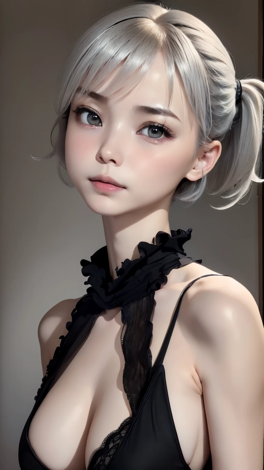 ((wallpaper 8k)), ((surreal)), ((Quality with attention to detail:1.2)), 1 girl, 14talent、kind eyes、plump lips、Ash gray hair、ショートヘアー、短い髪のツインテール、An ennui look、small breasts、small breasts、black elegant dress,Black capelet, look up, Widespread poverty, short cut hair、short hair twintails、Ash gray hair:1.5、white skin、
