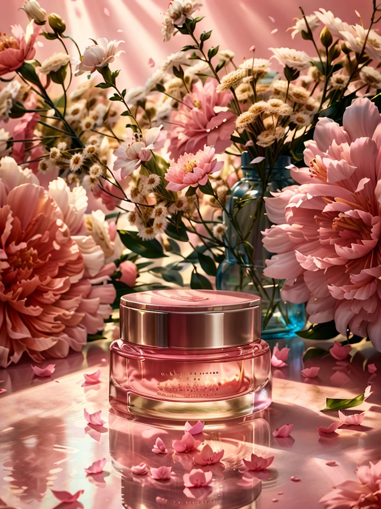 Refreshing Photos and Capture Ingredients of Moisturizing Face Cream,Peony flowers all around,The whole scene is soft and soft。The stage features a fresh, soft pink background and soft diffused lighting,Creates a fresh and sweet feeling。Place a beautifully designed Base in a prominent position in the frame,And decorated with delicate peony petals,Capture the moment when the scent envelopes the entire scene,Create an atmosphere of elegance and indulgence,8k,high resolution