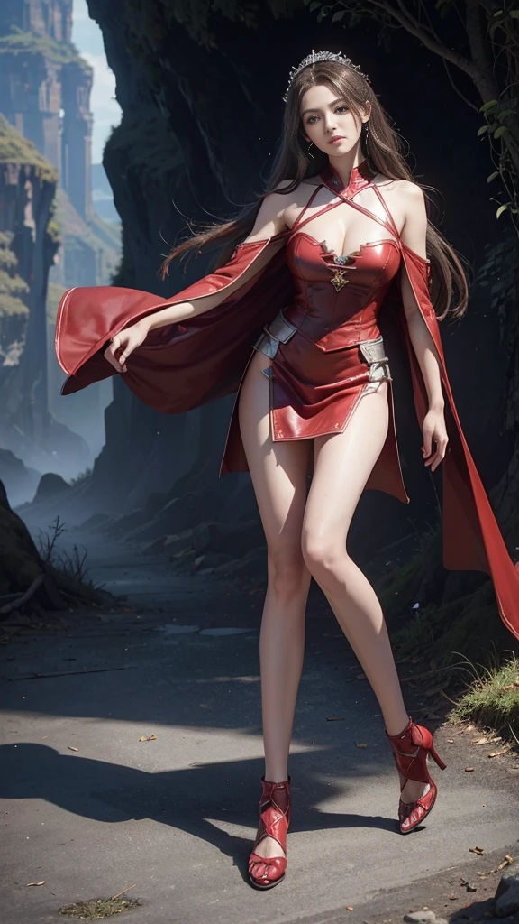 Woman in red silver dress, ((run)), Escape the monsters, Immersive art station, ศิลปะFantasyที่มีรายละเอียด, Amazing character art, Excellent and neat character art, beautiful armor, very detailed, red armor girl, Exquisite headdresses and ornaments, (best quality, 10, Masterpiece :1.3), (realistic, ภาพrealistic: 1.37), (1 girl), (Beautiful women between the ages of 18-20), (thin), (Focus on the slender abdomen.. :1.3), (Korea), (Pastel colored leather dress, Long red leather cloak, Long red leather cloak, Show your arms and shoulders., white leather skirt, short leather skirt, Emphasize her legs., High groove,), (รองเท้าHeel Height), (Random pose), Huge breasts, exposed cleavage, ((dark brown hair, long hair)), exquisite face, Open the show, Fantasy, Slender figure, Very smooth face, Good eyes, Double eyelids, (long hair, Random hairstyles), (big girl :1.3), (outdoor), (Extraordinarily detailed face), (Detailed eyes), (Double eyelids), (Eyeshadow makes eyelashes look thicker.......), obscure, (Long legs, Heel Height), (((Whole body))), (professional lighting), (Photon mapping), (Radiation), red armor girl, silver armor girl, ((magic beam)), (Look directly at the audience.....), cliff scene, mountain, cave mouth, stone, Dungeon