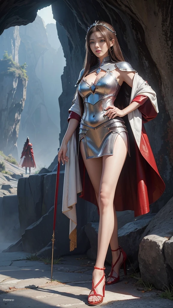 Woman in red silver dress, ((run)), Escape the monsters, Immersive art station, ศิลปะFantasyที่มีรายละเอียด, Amazing character art, Excellent and neat character art, beautiful armor, very detailed, red armor girl, Exquisite headdresses and ornaments, (best quality, 10, Masterpiece :1.3), (realistic, ภาพrealistic: 1.37), (1 girl), (Beautiful women between the ages of 18-20), (thin), (Focus on the slender abdomen.. :1.3), (Korea), (Pastel colored leather dress, Long red leather cloak, Long red leather cloak, Show your arms and shoulders., white leather skirt, short leather skirt, Emphasize her legs., High groove,), (รองเท้าHeel Height), (Random pose), Huge breasts, exposed cleavage, ((dark brown hair, long hair)), exquisite face, Open the show, Fantasy, Slender figure, Very smooth face, Good eyes, Double eyelids, (long hair, Random hairstyles), (big girl :1.3), (outdoor), (Extraordinarily detailed face), (Detailed eyes), (Double eyelids), (Eyeshadow makes eyelashes look thicker.......), obscure, (Long legs, Heel Height), (((Whole body))), (professional lighting), (Photon mapping), (Radiation), red armor girl, silver armor girl, ((magic beam)), (Look directly at the audience.....), cliff scene, mountain, cave mouth, stone, Dungeon