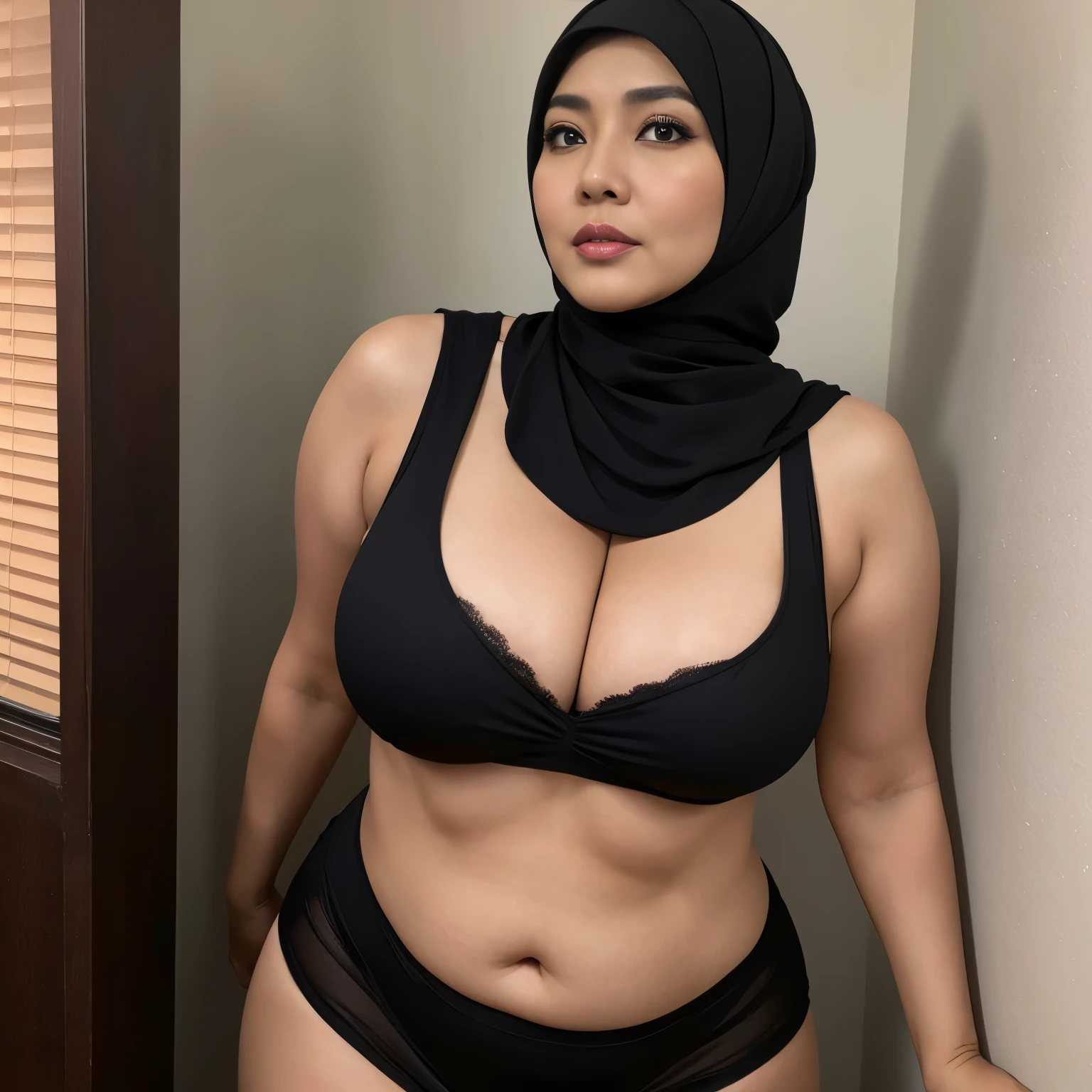 52 years Old, Hijab Indonesian mature woman, Extra Large Tits, Tank Top, Long stockings, Curvy body, Breast about To burst out, at doctor office, Dark light, at Nighttime