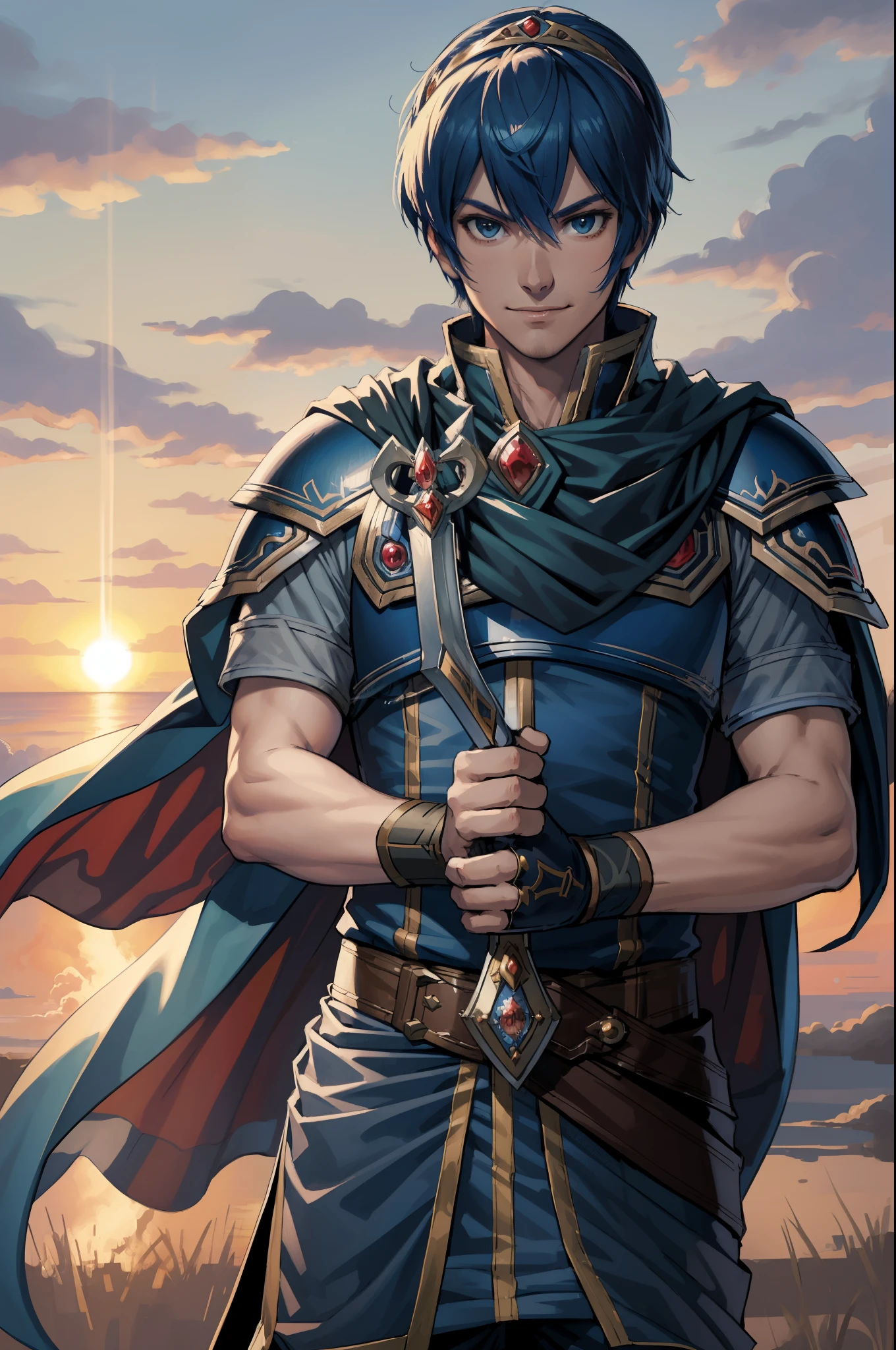 masterpiece, best quality, marth, tiara, cape, armor, blue tunic, fingerless gloves, belt, pants, cowboy shot, standing, clouds, sunset, furrowed brow, smile, looking at viewer, holding longsword, Falchion