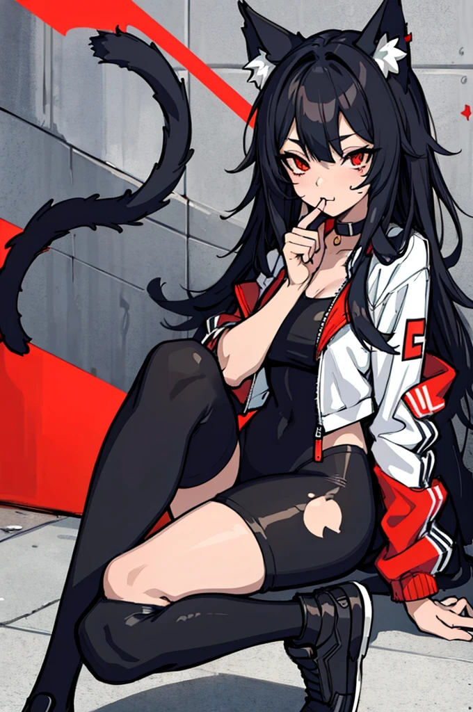 An 18 year old girl, Pelo largo hasta las rodillas, pelo negro, ojos celestes, labios rojos, tetas grandes, con poca ropa, con camiceta, con falda roja y lineas negras, medias altas , con zapatos de varon botines. 