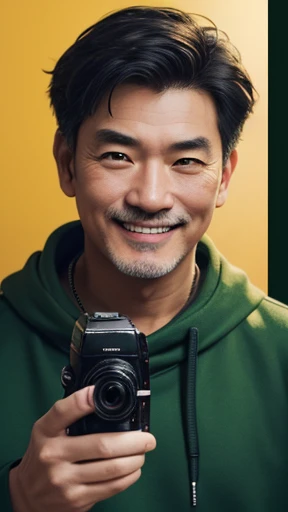 Has a camera、Have a camera、Middle-aged man with camera hanging from his neck、grin、oriental、I wore a sweatshirt、dressed in green、highest quality、masterpiece、ultra high resolution、(Photoreal:1.4)、No background、Upper body、highest quality、masterpiece、ultra high resolution、(Photoreal:1.4)、game poster、Handsome guy、