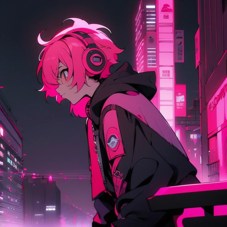 (shortcut), (two block hair), (bright pink hair), (red eyes), (cool pose), (top quality), (masterpiece), (Super detailed), (oversized hoodie), (Street style), (neon), (modern city), (neonデイライト), (cinematic), (stylish), (High resolution), (hyper-detailed), (soft town), (Nightcore), (a handsome guy), (Male character wearing headphones and listening to music), (natural appearance of the building), (casual), (IG studio anime style), (standing pose), (Shooting from a low angle), (looking at the camera), (singing with a microphone)
