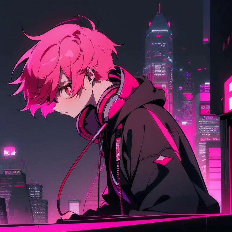 (shortcut), (two block hair), (bright pink hair), (red eyes), (cool pose), (top quality), (masterpiece), (Super detailed), (oversized hoodie), (Street style), (neon), (modern city), (neonデイライト), (cinematic), (stylish), (High resolution), (hyper-detailed), (soft town), (Nightcore), (a handsome guy), (Male character wearing headphones and listening to music), (natural appearance of the building), (casual), (IG studio anime style), (standing pose), (Shooting from a low angle), (looking at the camera), (singing with a microphone)