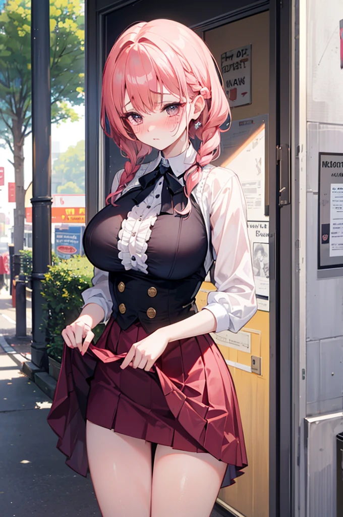 perfect human body,1 woman,Mature and intellectual woman, (Exposed publicly,street),, french braid, side braid, ,clavicle,((big breasts)),victorian style shirt,translucent,smooth thighs,((woman with fever)),(blush:1.2),(skirt lift),Absolute realm,shy,Fear,fear,cry,tears,