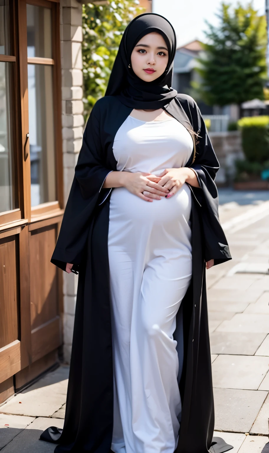 pregnant woman in a black dress and white hijab poses for a picture, full body wide shot, plus size woman, taken with canon 8 0 d, plus size, official product photo, official product image, muslim outfit, mid body portrait, plus-sized, inspired by Modest Urgell, full body picture, she has a jiggly fat round belly, wearing a black robe.
