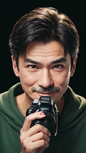 Has a camera、Have a camera、Middle-aged man with camera hanging from his neck、grin、oriental、I wore a sweatshirt、dressed in green、highest quality、masterpiece、ultra high resolution、(Photoreal:1.4)、No background、Upper body、highest quality、masterpiece、ultra high resolution、(Photoreal:1.4)、game poster、Handsome guy、