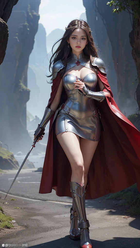 Woman in red silver dress, sexy, ((walk)), Immersive art station, ศิลปะFantasyที่มีรายละเอียด, Amazing character art, Excellent and neat character art, beautiful armor, very detailed, red armor girl, Exquisite headdresses and ornaments, (best quality, 10, Masterpiece :1.3), (realistic, ภาพrealistic: 1.37), (1 girl), (Beautiful women between the ages of 18-20), (thin), (Focus on the slender abdomen.. :1.3), (Korea), (Pastel colored leather dress, Long red leather cloak, Long red leather cloak, Show your arms and shoulders., white leather skirt, short leather skirt, Emphasize her legs., High groove,), (รองเท้าHeel Height), (Random pose), Huge breasts, exposed cleavage, ((dark brown hair, long hair)), exquisite face, Open the show, Fantasy, Slender figure, Very smooth face, Good eyes, Double eyelids, (long hair, Random hairstyles), (big girl :1.3), (outdoor), (Extraordinarily detailed face), (Detailed eyes), (Double eyelids), (Eyeshadow makes eyelashes look thicker.......), obscure, (Long legs, Heel Height), (((Whole body))), (professional lighting), (Photon mapping), (Radiation), red armor girl, silver armor girl, ((magic beam)), (Look directly at the audience.....), cliff scene, mountain, cave mouth, stone, Dungeon