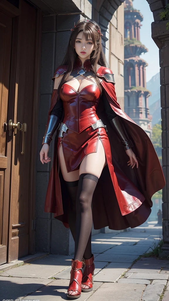 Woman in red silver dress, sexy, ((walk)), Immersive art station, ศิลปะFantasyที่มีรายละเอียด, Amazing character art, Excellent and neat character art, beautiful armor, very detailed, red armor girl, Exquisite headdresses and ornaments, (best quality, 10, Masterpiece :1.3), (realistic, ภาพrealistic: 1.37), (1 girl), (Beautiful women between the ages of 18-20), (thin), (Focus on the slender abdomen.. :1.3), (Korea), (Pastel colored leather dress, Long red leather cloak, Long red leather cloak, Show your arms and shoulders., white leather skirt, short leather skirt, Emphasize her legs., High groove,), (รองเท้าHeel Height), (Random pose), Huge breasts, exposed cleavage, ((dark brown hair, long hair)), exquisite face, Open the show, Fantasy, Slender figure, Very smooth face, Good eyes, Double eyelids, (long hair, Random hairstyles), (big girl :1.3), (outdoor), (Extraordinarily detailed face), (Detailed eyes), (Double eyelids), (Eyeshadow makes eyelashes look thicker.......), obscure, (Long legs, Heel Height), (((Whole body))), (professional lighting), (Photon mapping), (Radiation), red armor girl, silver armor girl, ((magic beam)), (Look directly at the audience.....), cliff scene, mountain, cave mouth, stone, Dungeon